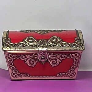 Vintage Red & Gold Ornate Metal Tin Box With Decorative Scrollwork & Hinged Lid